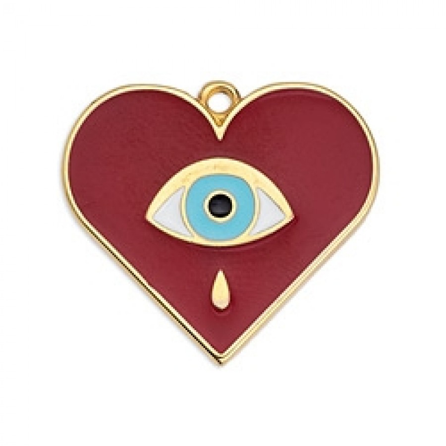 Κρεμαστή καρδιά με μάτι σε επίχρυσο (24Κ) με σκούρο κόκκινο σμάλτο, κατάλληλο για την κατασκευή κοσμημάτων-ανά τεμάχιο