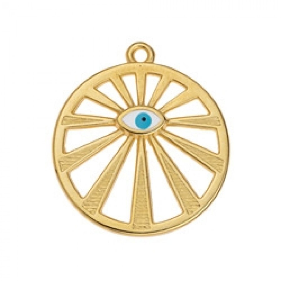 Κρεμαστό στρογγυλό μοτίφ με ακτίνες & καστόνι navette σε επίχρυσο (24Κ) με λευκό μάτι, κατάλληλο για την κατασκευή κοσμημάτων-ανά τεμάχιο