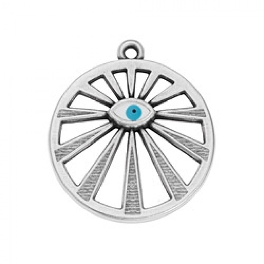 Κρεμαστό στρογγυλό μοτίφ με ακτίνες & καστόνι navette σε ασημί αντικέ με λευκό μάτι, κατάλληλο για την κατασκευή κοσμημάτων-ανά τεμάχιο