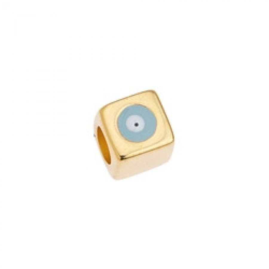 Χάντρα κύβος με μάτι σε γαλάζιο σμάλτο επίχρυση (24Κ) κατάλληλη για την κατασκευή κοσμημάτων-ανά τεμάχιο