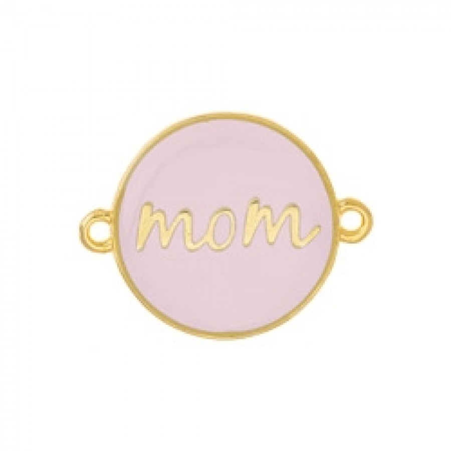 Στρογγυλό μοτίφ "mom" με 2 κρικάκια σε επίχρυσο (24Κ) με ροζ σμάλτο, κατάλληλο για την κατασκευή κοσμημάτων για τη γιορτή της μητέρας-ανά τεμάχιο