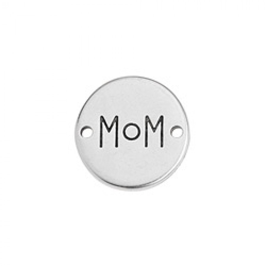 Μοτίφ στρογγυλό "mom" με 2 τρύπες σε ασημί αντικέ, κατάλληλο για την κατασκευή κοσμημάτων για την γιορτή της μητέρας-ανά τεμάχιο