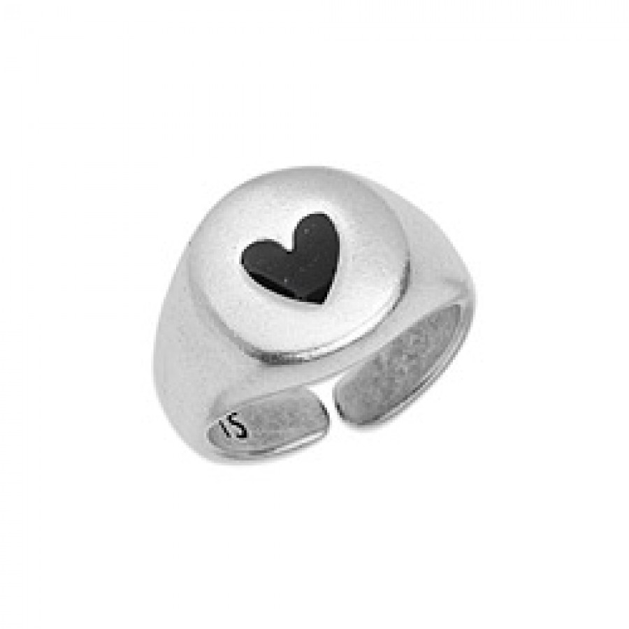 Δαχτυλίδι με καρδιά σε ασημί αντικέ με μαύρο σμάλτο - τιμή ανά τεμάχιο