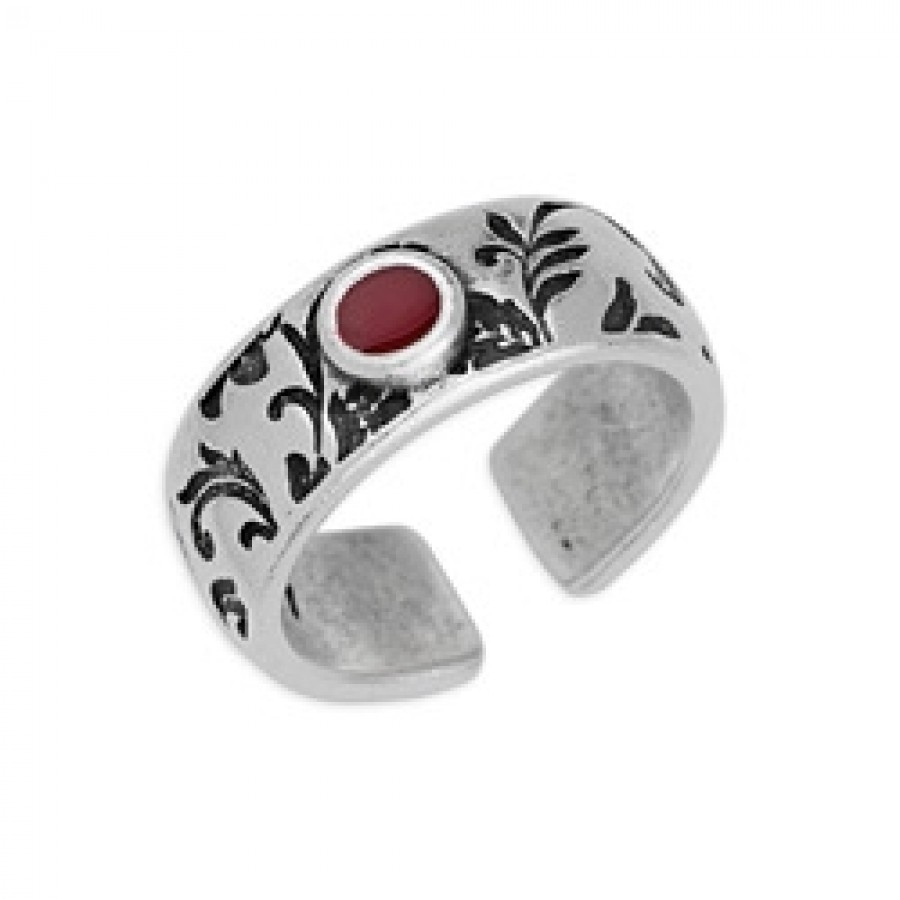 Δαχτυλίδι από ορείχαλκο με σχέδιο φλοράλ σε ασημί αντικέ  και κόκκινο σμάλτο τιμή ανα τεμάχιο