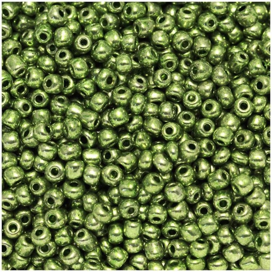 Γυάλινη χάντρα ροκάι No8 (~2,9mm) σε ανοιχτό πράσινο μεταλλικό χρώμα, κατάλληλη για την κατασκευή κοσμημάτων-τιμή ανά συσκευασία 20 γραμμ.