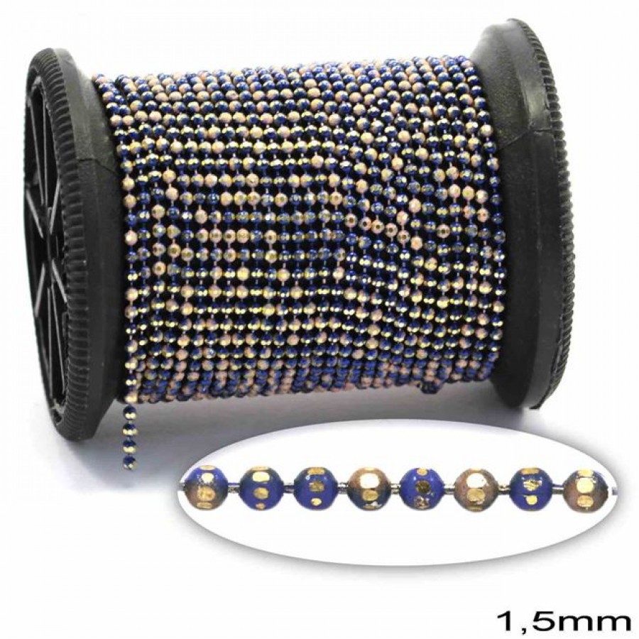 Επίχρυση μεταλλική ΨΙΛΗ αλυσίδα "καζανάκι"1.5mm διαμανταρισμένη σε χρυσαφί-αποχρώσεις μπλε-μπεζ     τιμή ανα μέτρο