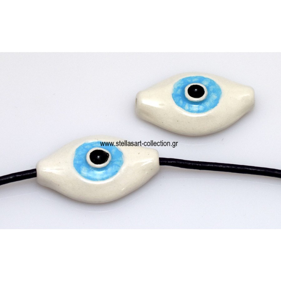 Κεραμικό μάτι 33x20mm με οριζόντια τρύπα (Ø2.2mm) σε λευκό γυαλιστερό και γαλάζιο σμάλτο-ανά τεμάχιο