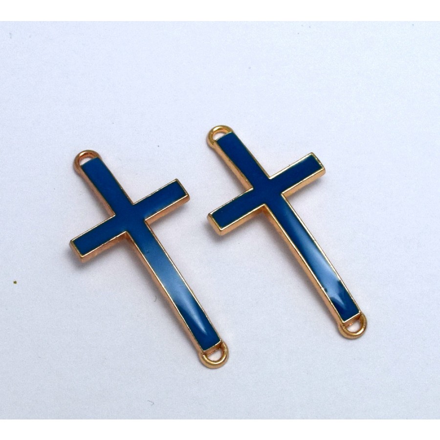 Mεταλλικό μοτίφ σταυρός επίχρυσος  46x22mm σε σκούρο τυρκουαζ σμάλτο με κρικάκι πάνω κατω καταλληλο και για πλέξιμο μακραμε Τιμη ανα τεμάχιο