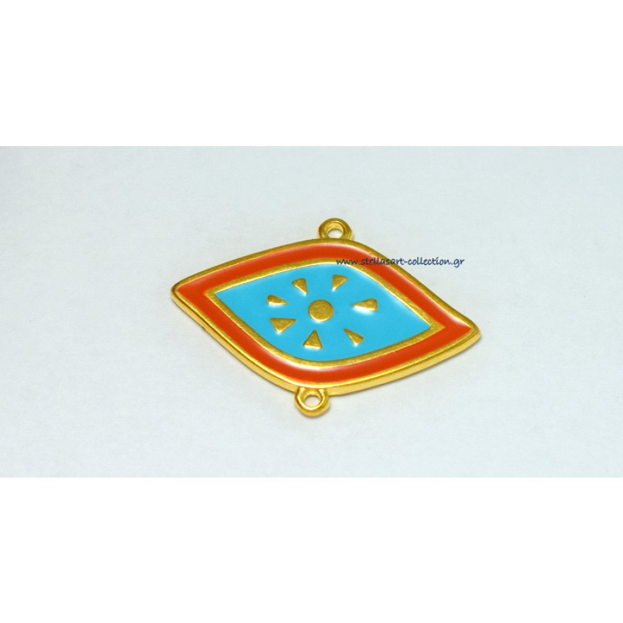 Mεταλλικό μάτι boho μεσαίο 35x25mm με δύο κρικάκια ΚΑΘΕΤΑ ,επίχρυσο και με σομόν-γαλάζιο σμάλτο     τιμή ανα τεμάχιο