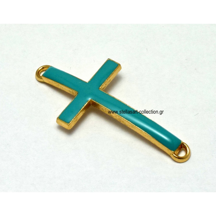 Mεταλλικό μοτίφ σταυρός επίχρυσος 46x22mm σε τυρκουαζ σμάλτο με κρικάκι πάνω κατω καταλληλο και για πλέξιμο μακραμε     Τιμη ανα τεμάχιο