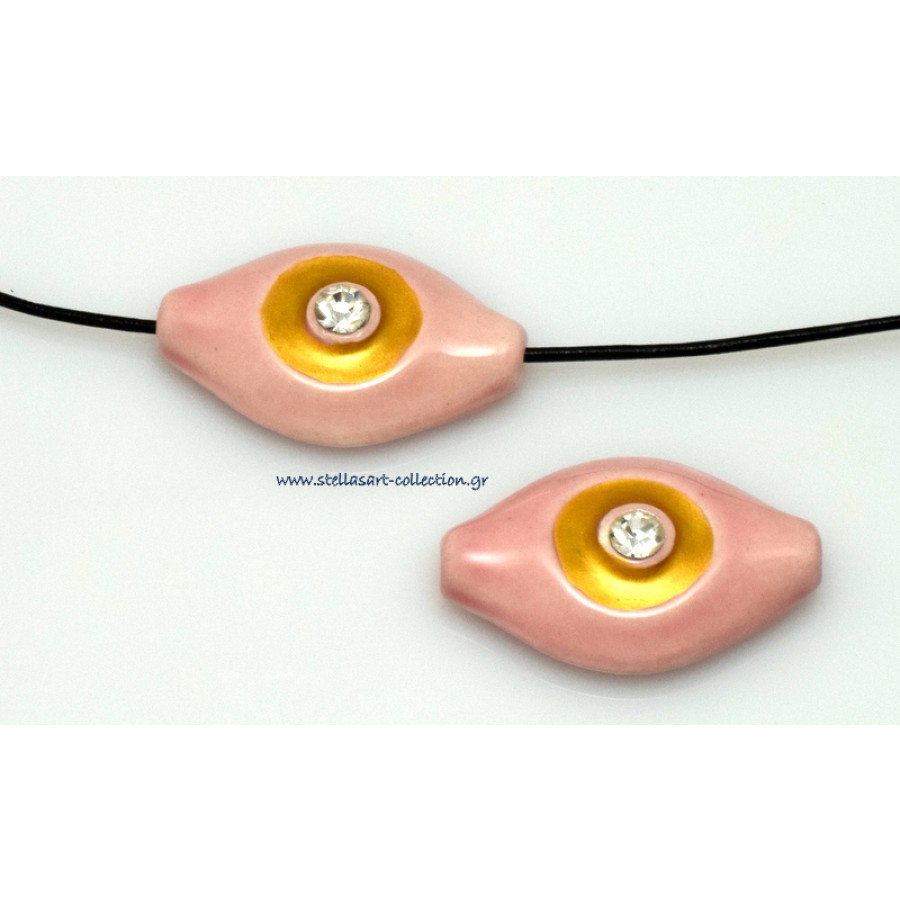 Κεραμικό μάτι 33x20mm  με οριζόντια τρυπα (Ø2.2mm)γυαλιστερό ανοιχτό Ροζ με χρυσό σμάλτο και λευκό στρας     τιμή ανα τεμάχιο