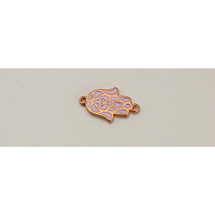 Μεταλλικό χέρι hamsa  14 x 21 mm με δυο κρικάκια σε ρόζ χρυσό και ροζλιλά σμάλτο     τιμή ανα τεμάχιο