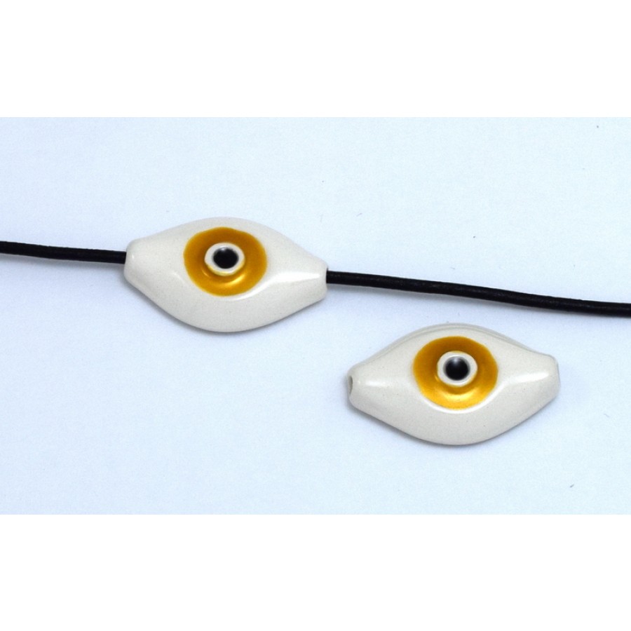 Κεραμικό μάτι 33x20mm  με οριζόντια τρυπα (Ø2.2mm)γυαλιστερό άσπρο και χρυσό σμάλτο εξαιρετικής ποιότητας     τιμή ανα τεμάχιο
