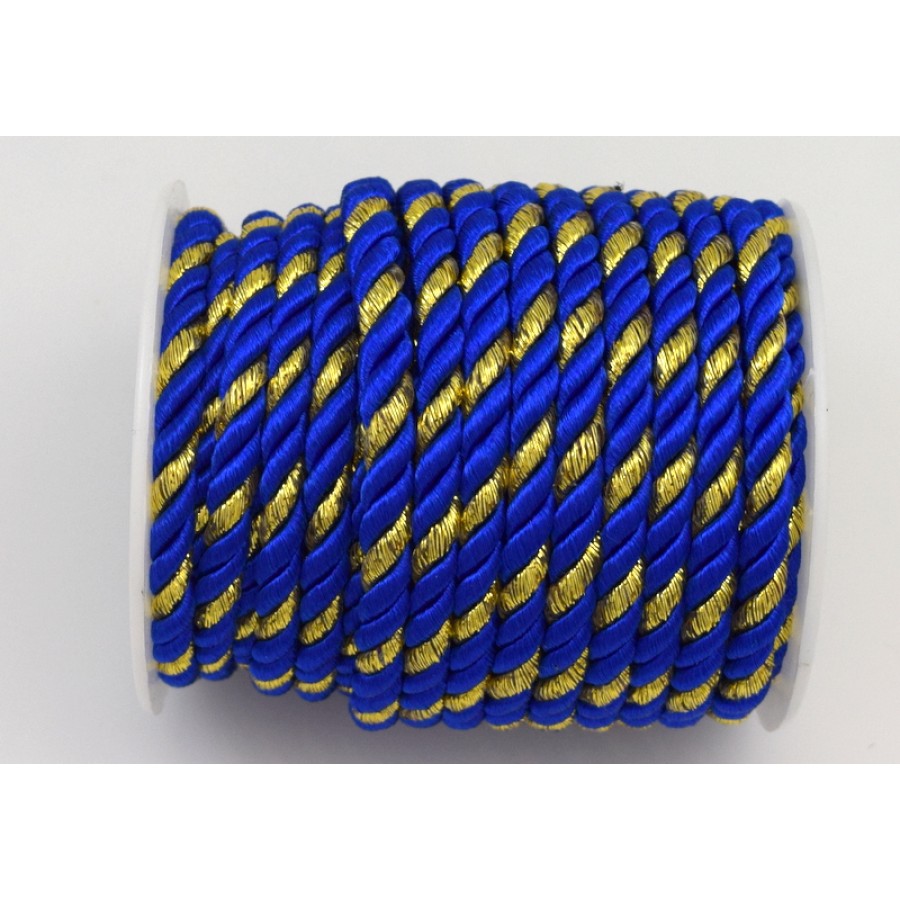 Στριφτό γυαλιστερό κορδόνι 5mm σε μπλε ηλεκτρικ χρώμα με μεταλλική χρυσή λωρίδα τιμή ανα μέτρο