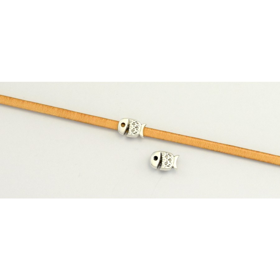 Μεταλλικό  ψάρι μίνι περαστό 9,5 x 6,23 mm  καταλληλο για πλακέ πολύ στενο κορδόνι-δέρμα 3x2mm σε ασημί αντικέ τιμή ανα τεμάχιο