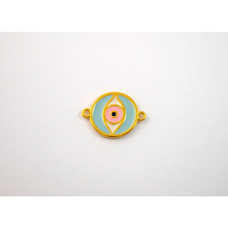 Μεταλλικό στρογγυλό μοτίφ 21mm  2 κρικάκια  με μάτι με γαλάζιο-ροζ σμάλτο σε επίχρυσο τιμή ανα τεμάχιο
