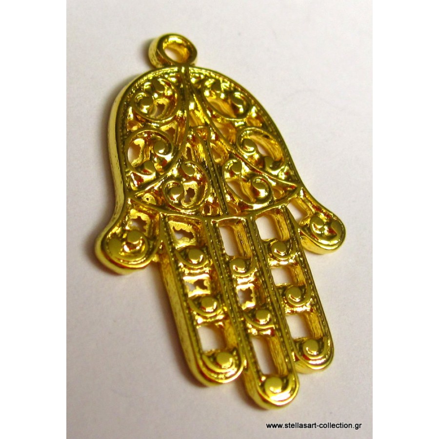 Κρεμαστό παλάμη"HAMSA" σε  χρυσό γυαλιστερο 23 x 36 mm     τιμή ανα τεμάχιο