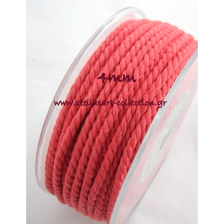 Στριφτό βαμβακερό κορδόνι 4mm σε ΚΟΡΑΛΙ χρώμα     τιμή ανα μέτρο