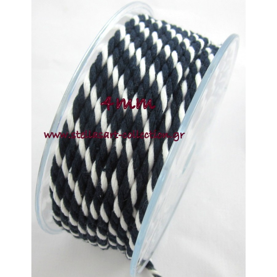 Στριφτό βαμβακερό κορδόνι 4mm σε δίχρωμο  2 κλώνοι σκούρο μπλε και 1 κλωνο λευκό χρώμα     τιμή ανα μέτρο