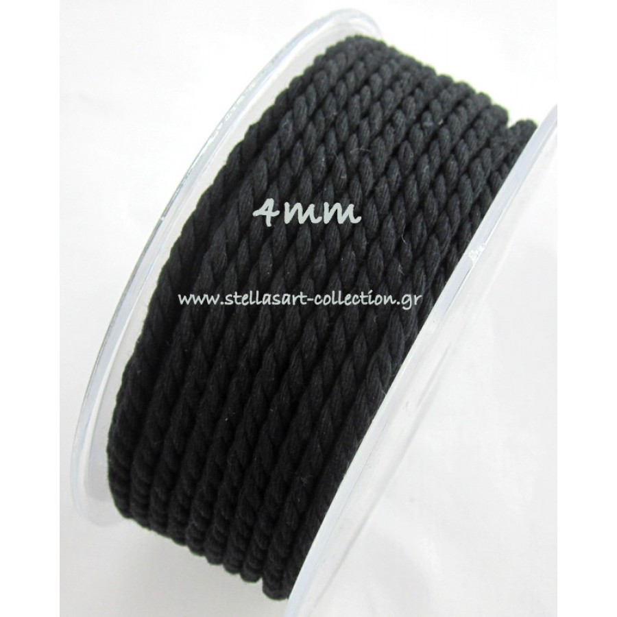 Στριφτό βαμβακερό κορδόνι 4mm σε MAYΡΟ χρώμα     τιμή ανα μέτρο