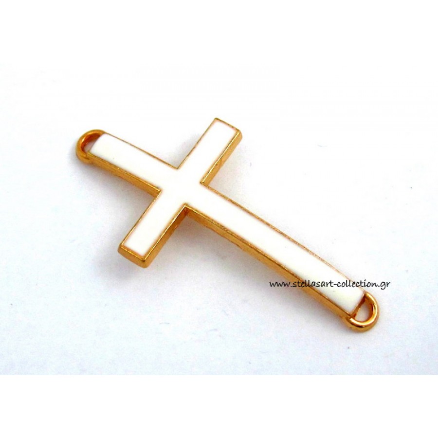 Mεταλλικό μοτίφ σταυρός επίχρυσος  46x22mm σε λευκό-ζαχαρί σμάλτο με κρικάκι πάνω κατω καταλληλο και για πλέξιμο μακραμε     Τιμη ανα τεμάχιο