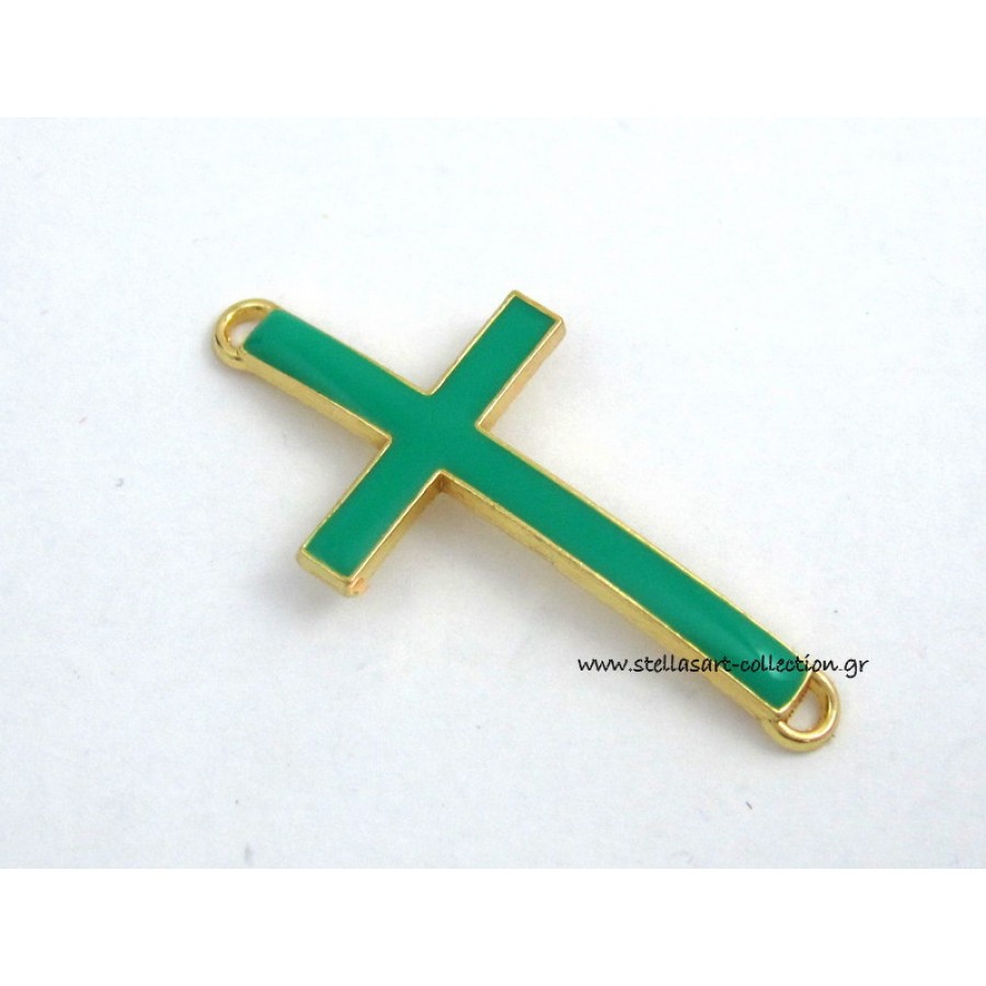 Mεταλλικό μοτίφ σταυρός επίχρυσος  46x22mm σε χρωμα μέντας σμάλτο με κρικάκι πάνω κατω καταλληλο και για πλέξιμο μακραμε     Τιμη ανα τεμάχιο