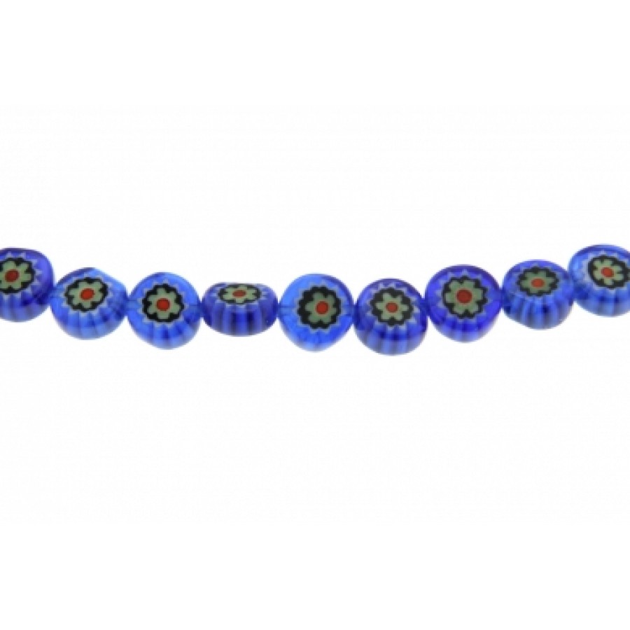 Μιλεφιόρι (Millefiori) 8mm σε χρώμα μπλε με λαχανί λουλουδι,σχημα ασύμμετρο στρογγυλό και διαμπερές καταλληλο για ατσαλόσυρμα τιμή ανα τεμάχιο(μια χάντρα)