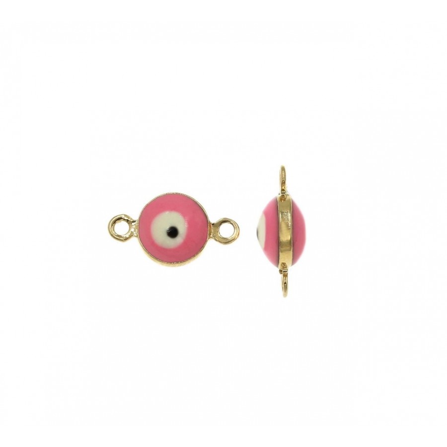 Μεταλλικό μίνι ματάκι 7mm,στρογγυλό,επίχρυσο,διπλής όψεως με δύο κρικάκια ,με σμάλτο σε ροζ χρώμα     τιμή ανα τεμάχιο
