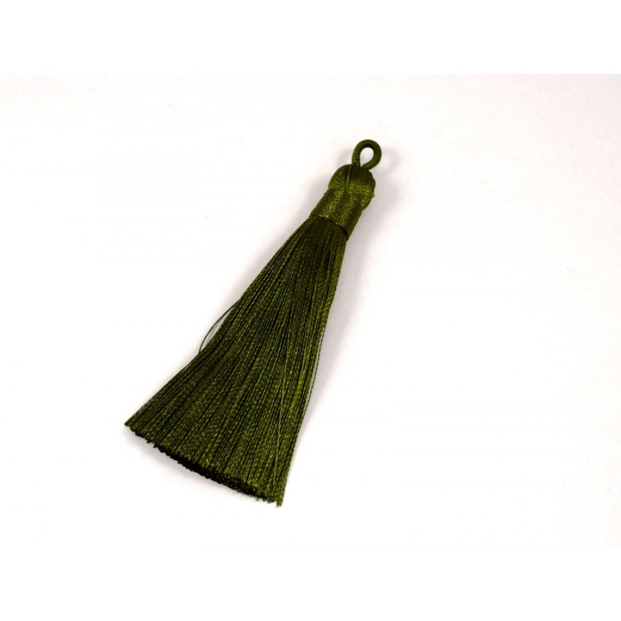 Μακριά φούντα 75mm με θηλιά σε πράσινο λαδί χρώμα, κατάλληλη και για γούρια-τιμή ανά τεμάχιο
