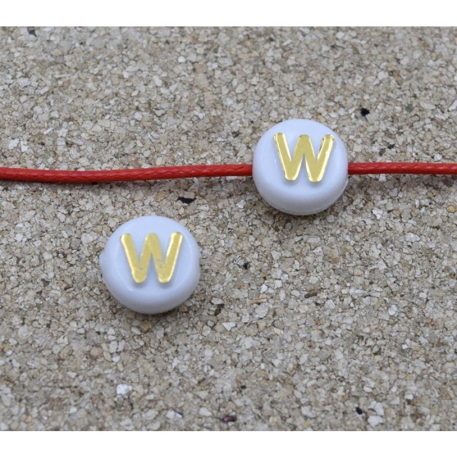 Ακρυλικό στρογγυλό,περαστό,10mm (Ø2.2mm) λευκό με χρυσαφί γράμμα "W"-ανα τεμάχιο