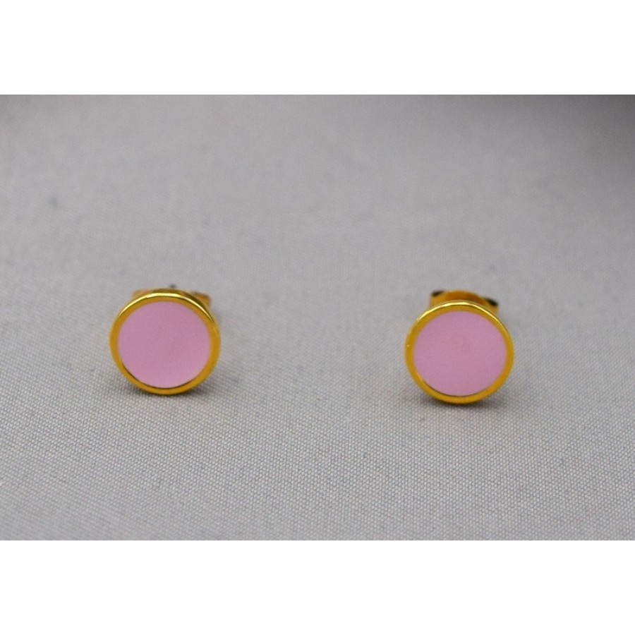 Έτοιμα σκουλαρίκια στρογγυλά μικρά 9.8mm επίχρυσο 24Κ με ροζ σμάλτο-Τιμή ανά ζευγάρι