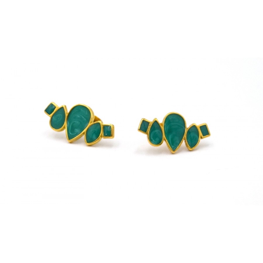 Έτοιμα σκουλαρίκια με σχήματα σε επίχρυσο (24Κ) με πράσινο περλέ σμάλτο-τιμή ανά ζευγάρι