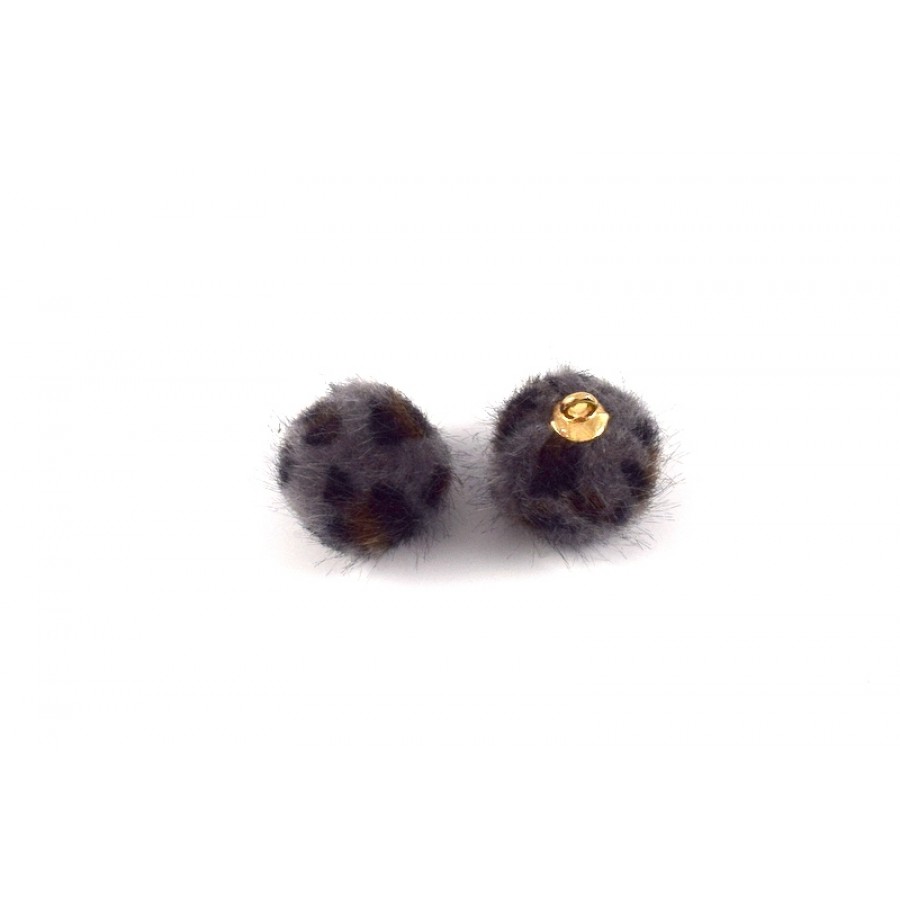 Μπαλάκι φούντα γούνινο animal print 15mm σε γκρι-μαύρο χρώμα με χρυσαφί κρικάκι, κατάλληλη και για γούρια-ανά τεμάχιο