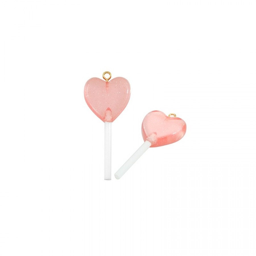 Κρεμαστό μοτίφ γλειφιτζούρι καρδιά από ρητίνη σε ροζ - ανά τεμάχιο