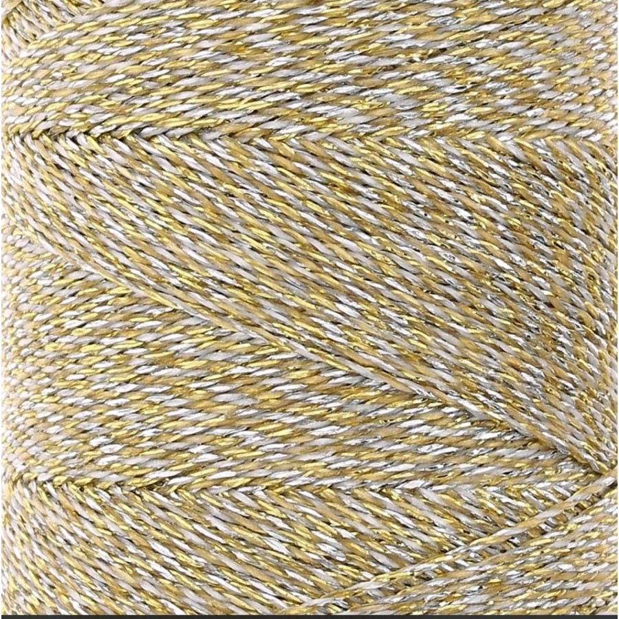 Κερωμένο κορδόνι Linhasita 0.50mm με ελαφρύ κέρωμα σε ασημί-χρυσό μεταλλικό, ιδανικό για να φτιάξεις χειροποίητα κοσμήματα μακραμέ-ανά μέτρο