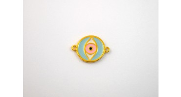 Μεταλλικό στρογγυλό μοτίφ 21mm  2 κρικάκια  με μάτι με γαλάζιο-ροζ σμάλτο σε επίχρυσο τιμή ανα τεμάχιο