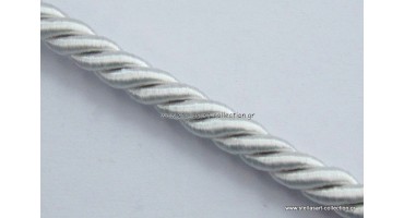 Στριφτό κορδόνι 5mm ΜΕΤΑΞΩΤΟ γυαλιστερο σε  ΑΣΠΡΟ χρώμα (τιμή ανα μέτρο)
