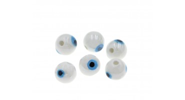 Κεραμική χάντρα στρογγυλή με μάτι 10mm  σε λευκό χρώμα κατάλληλη για κατασκευή κοσμημάτων-ανά τεμάχιο