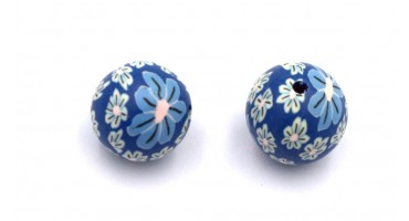Χάντρα φίμο ±18mm σε μπλε με λουλουδάκια-ανά τεμάχιο