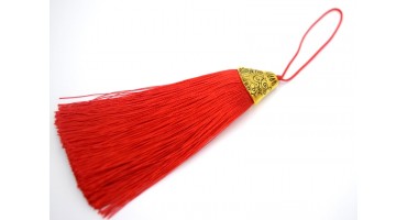 Μακριά φούντα 9cm με χρυσαφί καπελάκι σε κόκκινο χρώμα, κατάλληλη για γούρια- τιμή ανά τεμάχιο