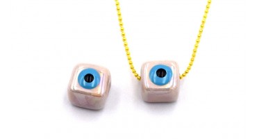 Κεραμικός κύβος με μάτι 10mm τρύπα 3mm με ροζ και γαλάζιο σμάλτο-ανά τεμάχιο