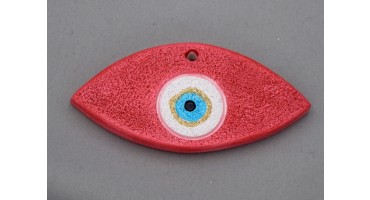Μεγάλο κεραμικό μοτίφ μάτι 9X4cm κόκκινο με χρυσό γκλίντερ και τρύπα στην πάνω μεριά. Ανα τεμάχιο