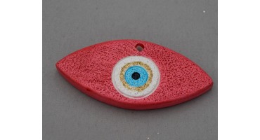 Μεσαίο  κεραμικό μοτίφ μάτι  6,8X3.5CM σε κόκκινο χρώμα με τρύπα στην πάνω μεριά. Ανα τεμάχιο