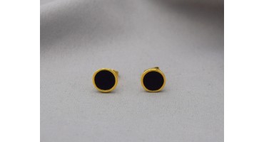 Έτοιμα σκουλαρίκια στρογγυλά μικρά 9.8mm επίχρυσο 24Κ με μαύρο σμάλτο-Τιμή ανά ζευγάρι