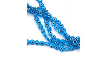Στρογγυλό γυάλινο ματάκι πλακέ 8mm με διαμπερή τρύπα σε γαλάζιο διάφανο-λευκό-ανά τεμάχιο