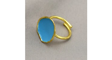 Χειροποίητο δαχτυλίδι στρογγυλό πομπέ από ορείχαλκο επιχρυσωμένο με γαλάζιο σκούρο σμάλτο 