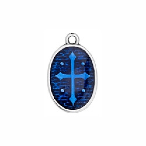 Κρεμαστό οβάλ με σταυρό σε ασημί αντικέ με μπλε του κοβαλτίου σμάλτο, κατάλληλο για την κατασκευή κοσμημάτων-ανά τεμάχιο