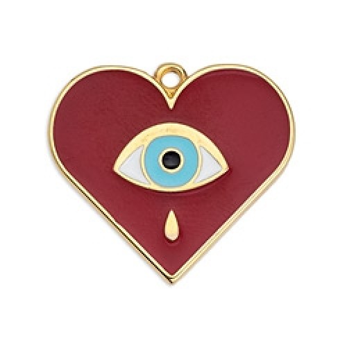 Κρεμαστή καρδιά με μάτι σε επίχρυσο (24Κ) με σκούρο κόκκινο σμάλτο, κατάλληλο για την κατασκευή κοσμημάτων-ανά τεμάχιο