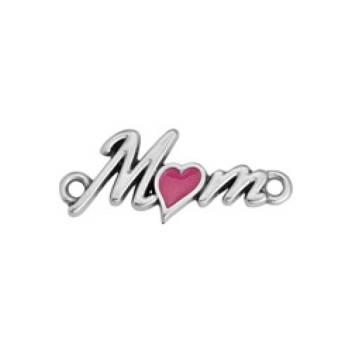 Μοτίφ "Mom" με φούξια καρδιά με 2 κρικάκια σε ασημί αντικέ-ανά τεμάχιο