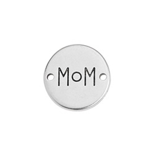 Μοτίφ στρογγυλό "mom" με 2 τρύπες σε ασημί αντικέ-ανά τεμάχιο